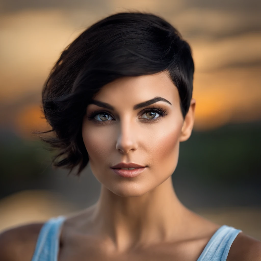 Bust photo of an athletic brunette woman, very short  black hair, light and cheerful thin face, black eyes, thin lips and thin nose.