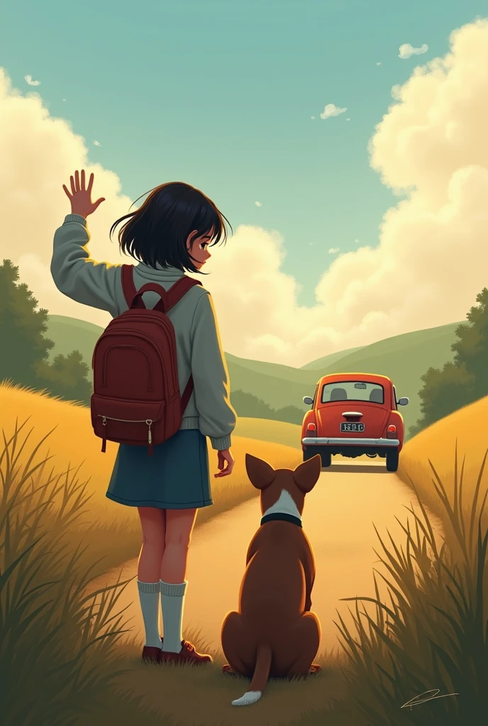 A book cover of a teenage girl standing next to her dog waving goodbye to a car that is driving away