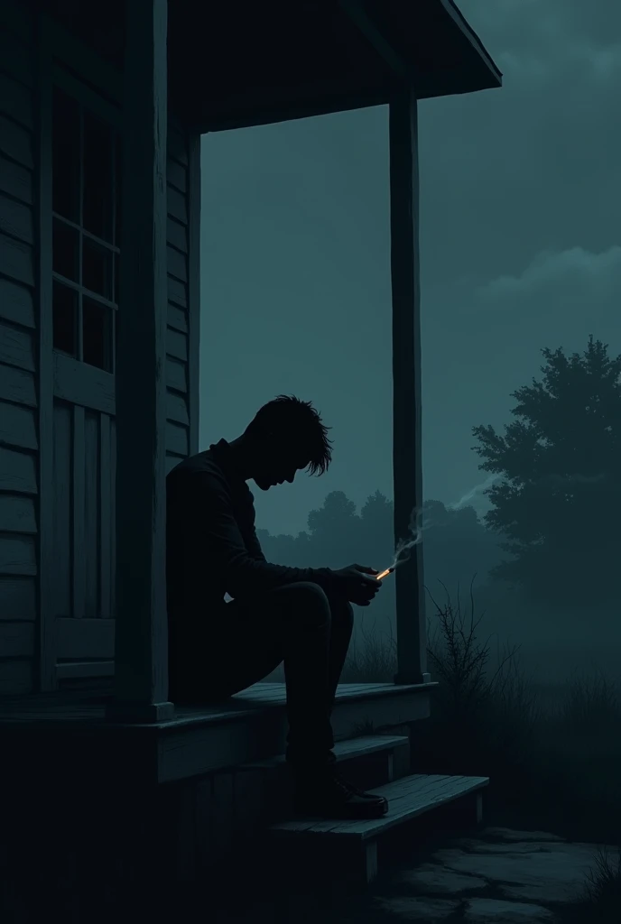 The silhouette of a man sitting on the porch of the house,sad atmosphere,A cigarette slipped in his hand,The heavy burden of life,the night