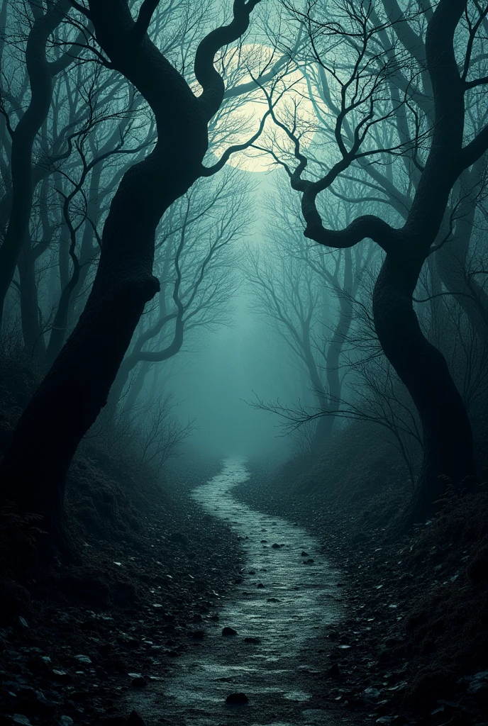 draw a path in the forest, a sinister and shadowy place. medieval style, horror film, dark and sinister forest.
