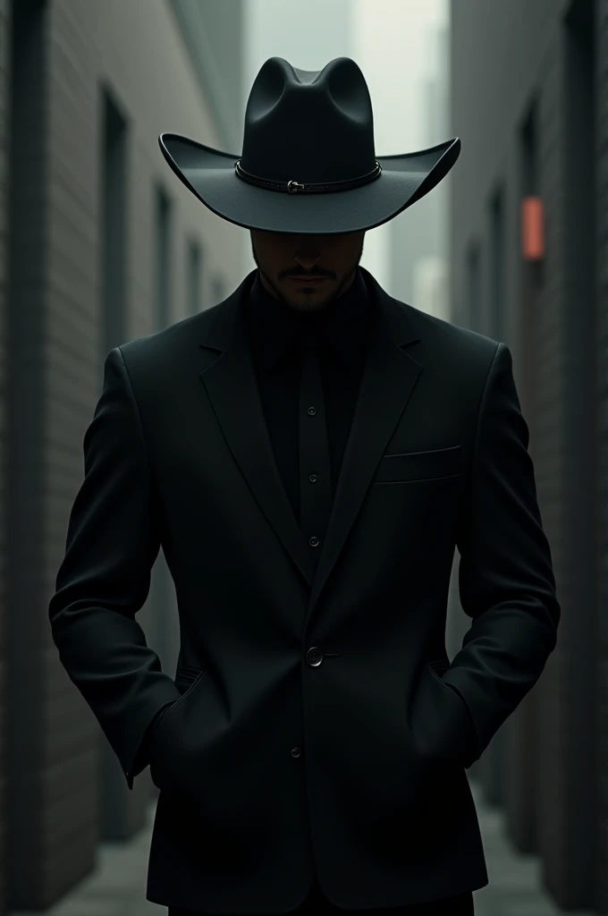 Male character with a completely black cowboy hat and a black work suit