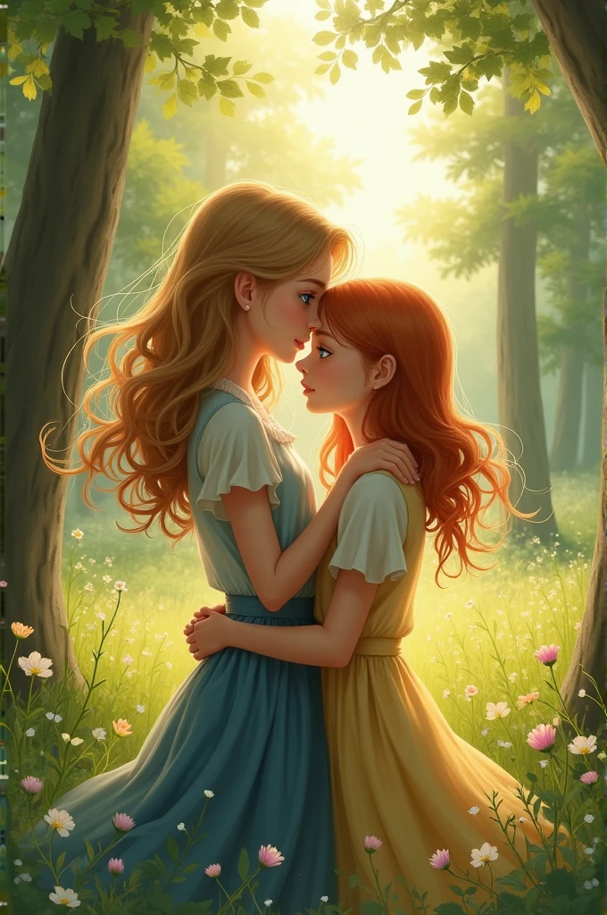 A 11 year old blonde, blue eyed girl with her girlfriend that has red hair blue eyes in the forest, and her girlfriend is holding her