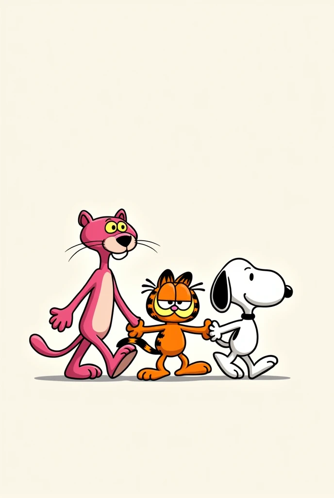 A drawing of the Pink Panther, Garfield and Snoopy walking hand-in-hand in 2D

