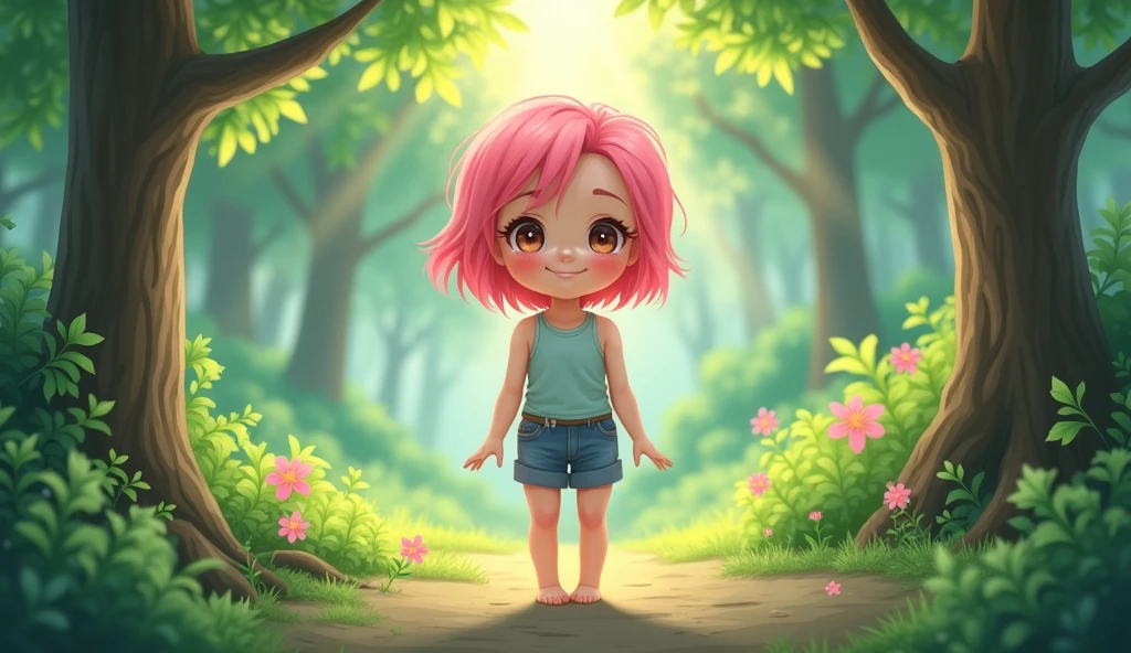 Full body portrait, Cute girl, pink hair, body, barefoot, perfect detail, nature Forrest background, natural lighting,
