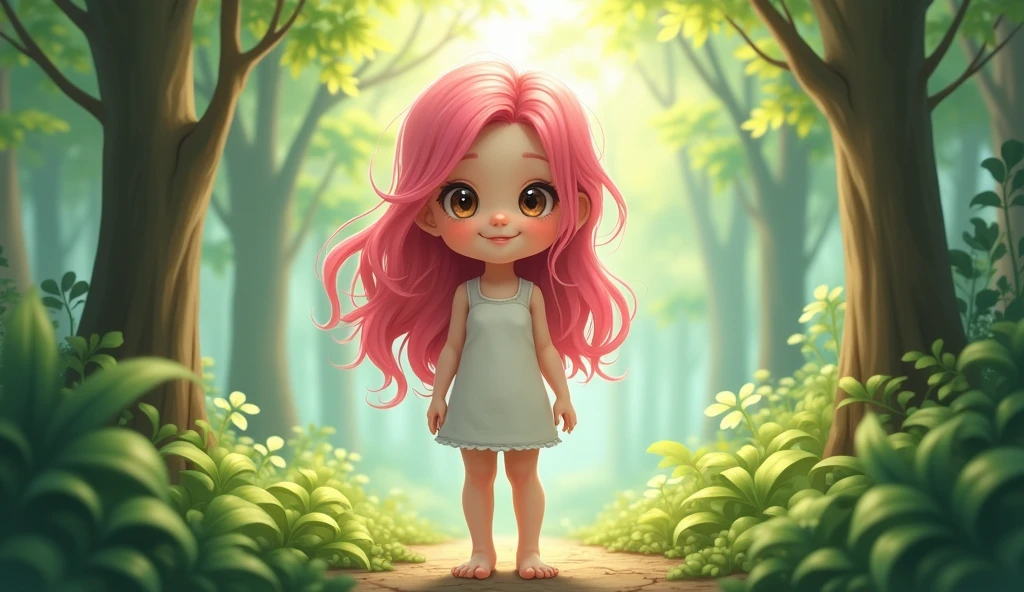 Full body portrait, Cute girl, pink hair, body, barefoot, perfect detail, nature Forrest background, natural lighting,