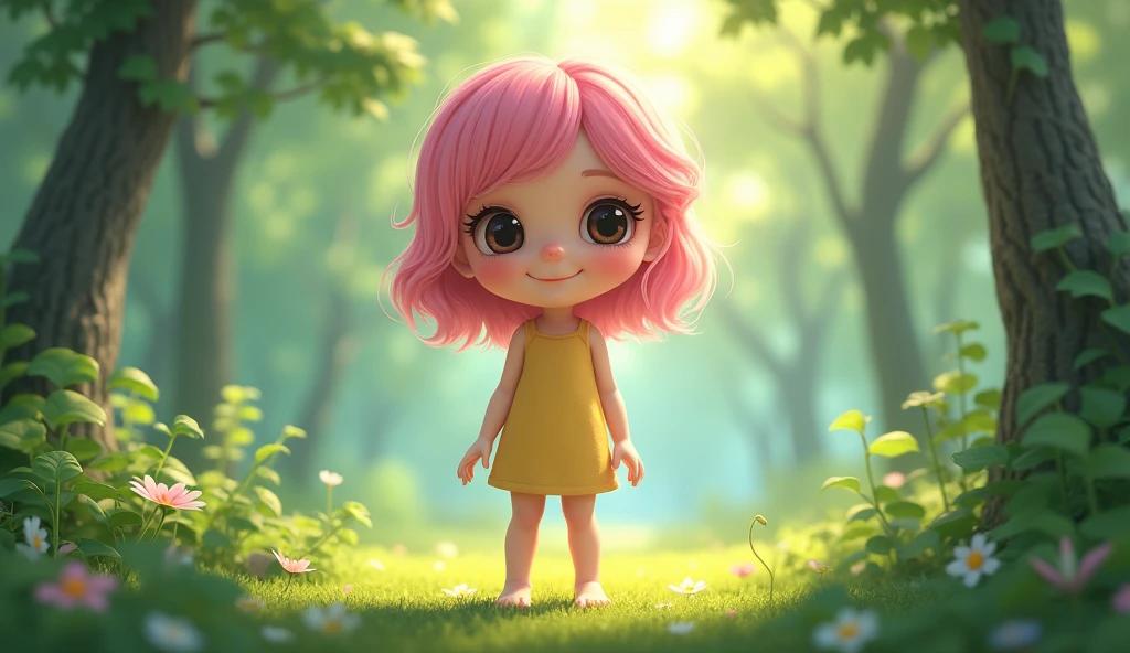 Full body portrait, Cute girl, pink hair, body, barefoot, perfect detail, nature Forrest background, natural lighting,