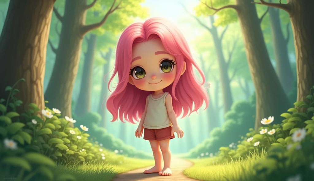 Full body portrait, Cute girl, pink hair, body, barefoot, perfect detail, nature Forrest background, natural lighting,