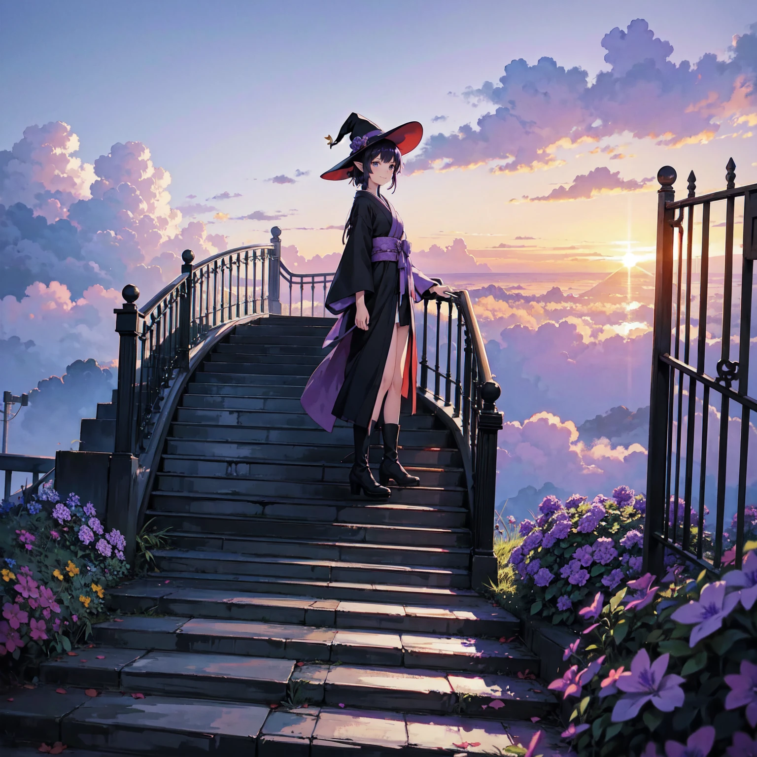 The only structure present in the painting is a simple staircase made of iron. There is no land. There are no walls. The background is nothing but stairs and clouds. A girl with long violet-purple hair. A kind, full smile. Pointy elf ears. Her clothes are simple: a black robe with wide sleeves and a black miniskirt. Her knees are showing. There is a V-shaped white insert in the front, like a kimono. A witch's hat with purple ribbons on each side. Black boots. Background, bright painting, Makoto Shinkai, only endless stairs, stairs above clouds, illustration, nostalgic, vivid, bright, sunset. A maze of connected stairs. A labyrinth of stairs. Not touching land. A simple iron staircase. Decaying old staircase.