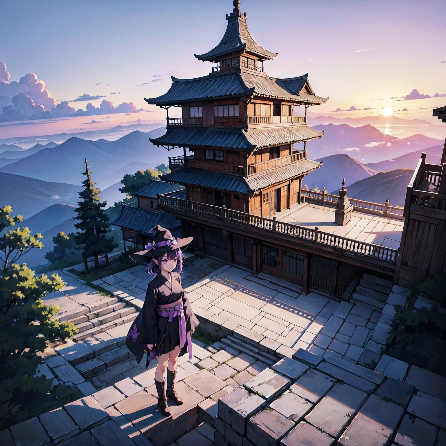 The only structure present in the painting is a simple staircase made of iron. There is no land. There are no walls. The background is nothing but stairs and clouds. A girl with long violet-purple hair. A kind, full smile. Pointy elf ears. Her clothes are simple: a black robe with wide sleeves and a black miniskirt. Her knees are showing. There is a V-shaped white insert in the front, like a kimono. A witch's hat with purple ribbons on each side. Black boots. Background, bright painting, Makoto Shinkai, only endless stairs, stairs above clouds, illustration, nostalgic, vivid, bright, sunset. A maze of connected stairs. A labyrinth of stairs. Not touching land. A simple iron staircase. Decaying old staircase.