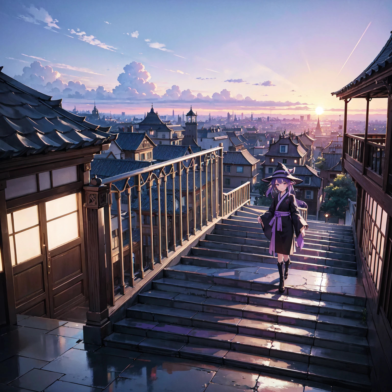 The only structure present in the painting is a simple staircase made of iron. There is no land. There are no walls. The background is nothing but stairs and clouds. A girl with long violet-purple hair. A kind, full smile. Pointy elf ears. Her clothes are simple: a black robe with wide sleeves and a black miniskirt. Her knees are showing. There is a V-shaped white insert in the front, like a kimono. A witch's hat with purple ribbons on each side. Black boots. Background, bright painting, Makoto Shinkai, only endless stairs, stairs above clouds, illustration, nostalgic, vivid, bright, sunset. A maze of connected stairs. A labyrinth of stairs. Not touching land. A simple iron staircase. Decaying old staircase.