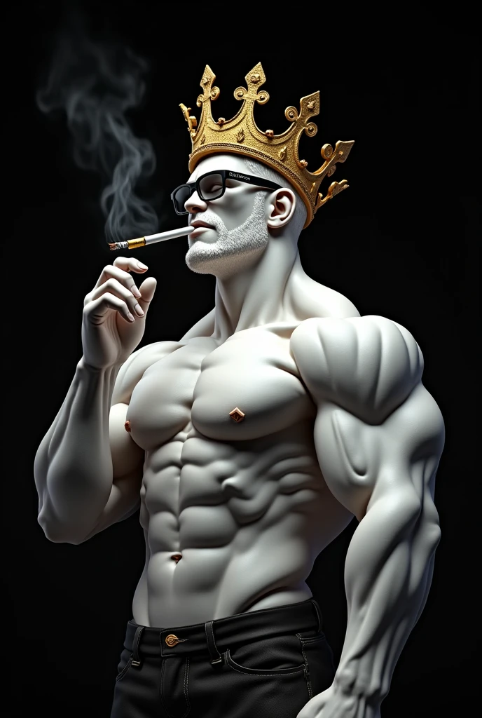 Create a white 100% ,with very large white muscles in the arms ,smoking a lit cigarette and wearing black glasses , Against a black background (100%I want him to be very muscular with a golden crown.