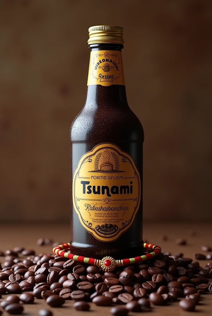 A coffee bottle named Tsunami holding a rakhi on  rakshabandhan  At cooffee beans 