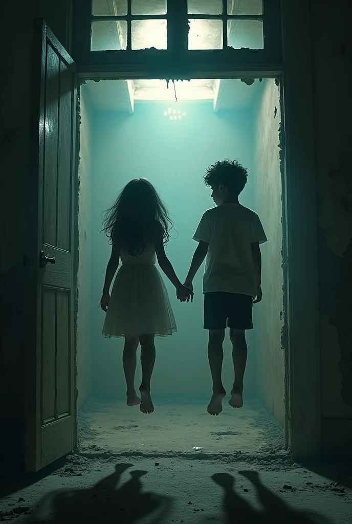 A boy and a girl are possessed and levitating in a dark, rotten house  