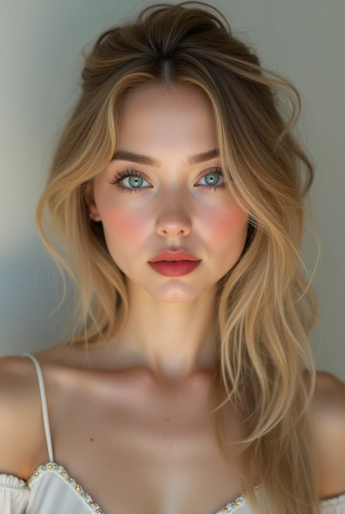 A young woman, very sensual, classic beauty face, Caucasian features/Asian, blond hair, white complexion with some blush on the cheeks, blue eyes, sensual red thin lips.