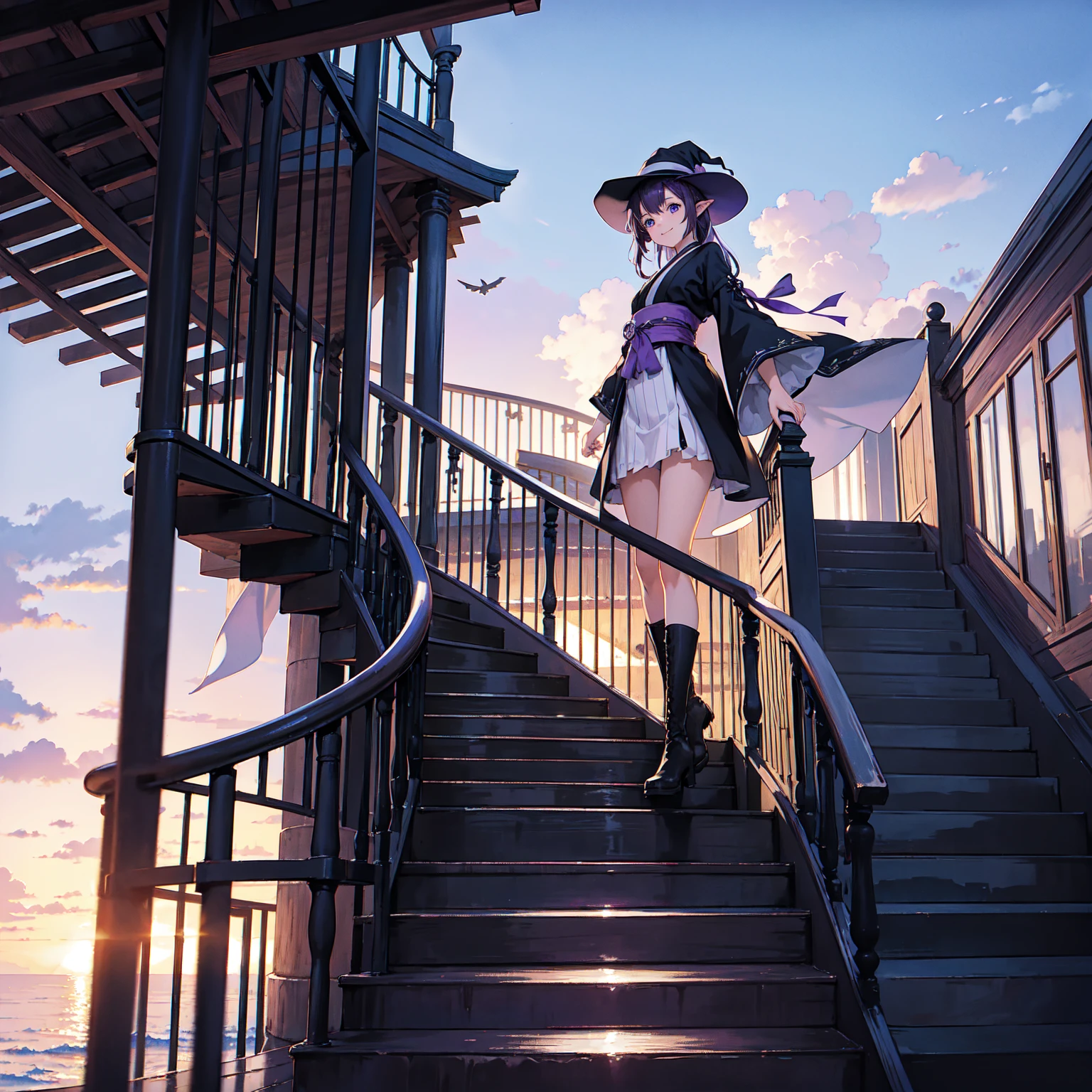The only structure present in the painting is a simple staircase made of iron. There is no land. There are no walls. The background is nothing but stairs and clouds. A girl with long violet-purple hair. A kind, full smile. Pointy elf ears. Her clothes are simple: a black robe with wide sleeves and a black miniskirt. Her knees are showing. There is a V-shaped white insert in the front, like a kimono. A witch's hat with purple ribbons on each side. Black boots. Background, bright painting, Makoto Shinkai, only endless stairs, stairs above clouds, illustration, nostalgic, vivid, bright, sunset. A maze of connected stairs. A labyrinth of stairs. Not touching land. A simple iron staircase. Decaying old staircase.