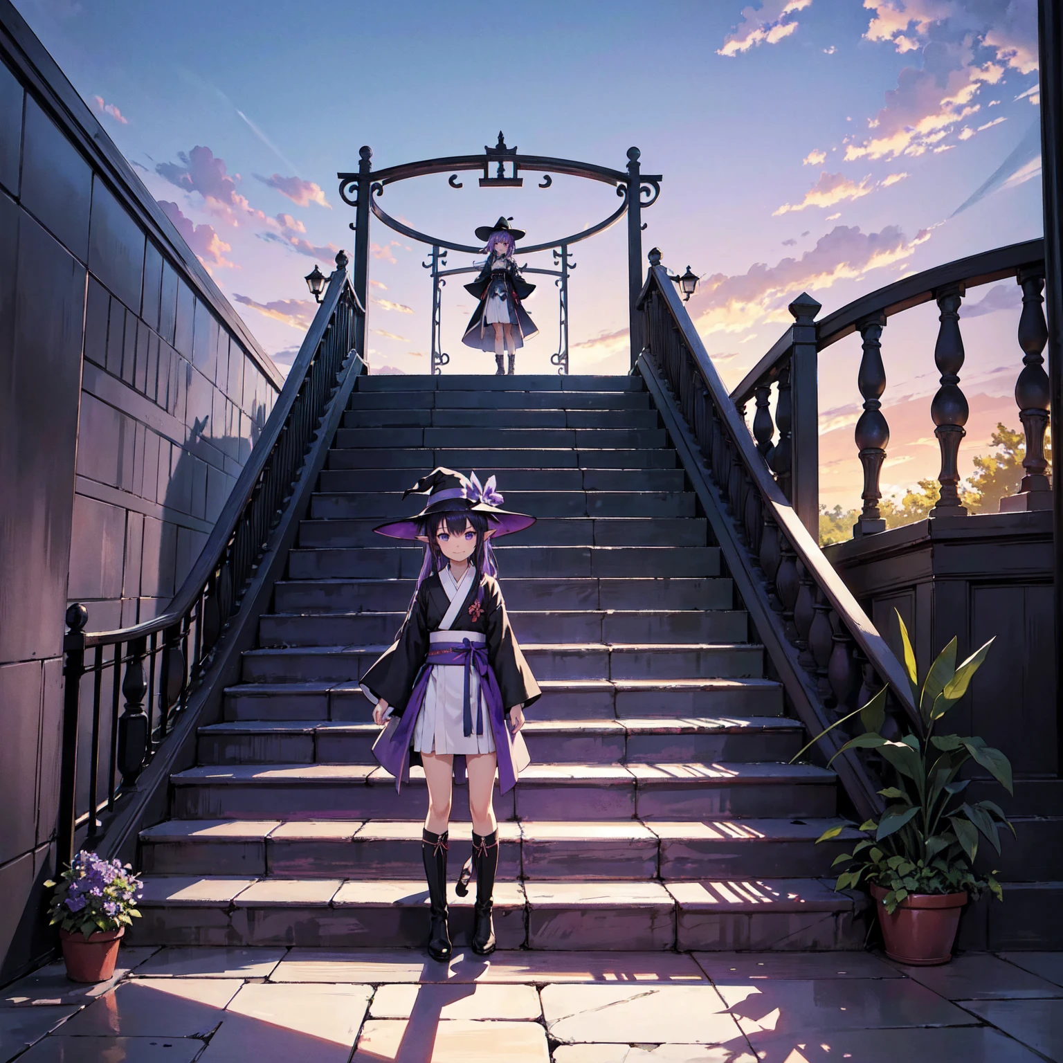 The only structure present in the painting is a simple staircase made of iron. There is no land. There are no walls. The background is nothing but stairs and clouds. A girl with long violet-purple hair. A kind, full smile. Pointy elf ears. Her clothes are simple: a black robe with wide sleeves and a black miniskirt. Her knees are showing. There is a V-shaped white insert in the front, like a kimono. A witch's hat with purple ribbons on each side. Black boots. Background, bright painting, Makoto Shinkai, only endless stairs, stairs above clouds, illustration, nostalgic, vivid, bright, sunset. A maze of connected stairs. A labyrinth of stairs. Not touching land. A simple iron staircase. Decaying old staircase.