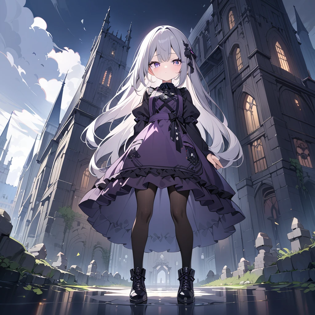 (((masterpiece))),(((best quality))),(((extremely detailed))), 1girl, solo, gothic ta, short girl, neutral face, looking at viewer, standing, contrapposto, front view , full body, long floating grey hair , purple eyes, BREAK (very (((dark))) ((purple)) ((apron)) on top), (((long very ((dark)) purple dress))), (black cross-laced footwear, black pantyhose), (lace-up boots), BREAK gothic architecture, building, cloudy sky
