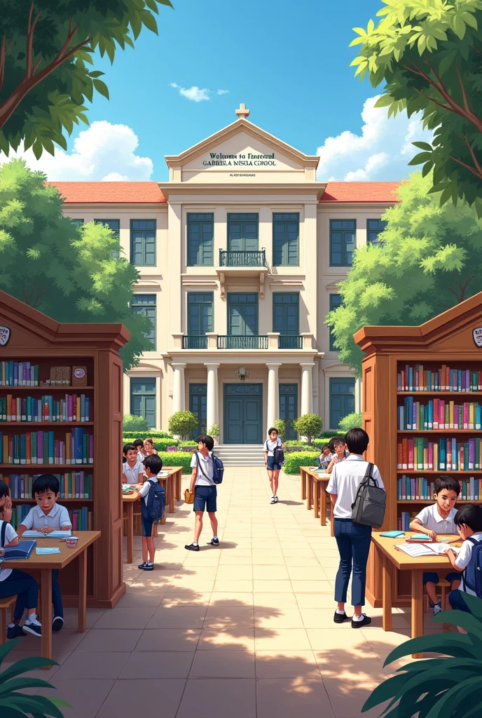 Impressive school background with school supplies and a name "Welcome to Gabriela Mistral School"