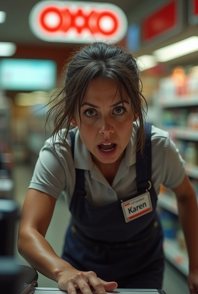 Ugly cashier charging at an OXXO cash register with her badge and her name on it. "karen"