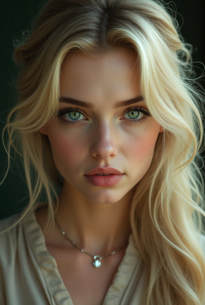 Make 3 images , 2 with oval face and green eyes and blonde hair and another with oval face and blue eyes
