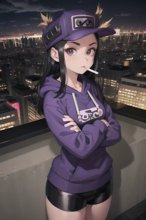 masterpiece, best quality,  cassettegirl, hat, purple hoodie, short shorts, cityscape, sky, clouds, graffiti, upper body, looking at viewer, crossed arms, cigarette in mouth, from above, night