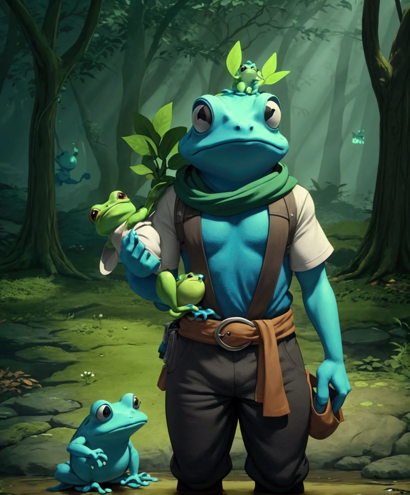 Create a 2D game character in Ori the Blind Forest style, this character is a fighting frog. He has a pouch on his back where he carries tadpoles. He doesn't wear a t-shirt, just pants and a white belt around his waist. He finds himself in a realistic 2d game forest scene