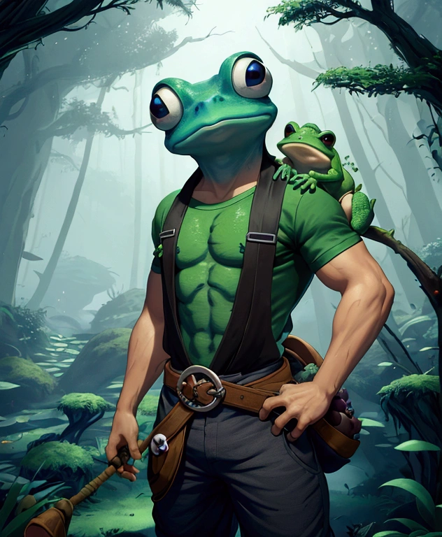 Create a 2D game character in Ori the Blind Forest style, this character is a fighting frog. He has a pouch on his back where he carries tadpoles. He doesn't wear a t-shirt, just pants and a white belt around his waist. He finds himself in a realistic 2d game forest scene