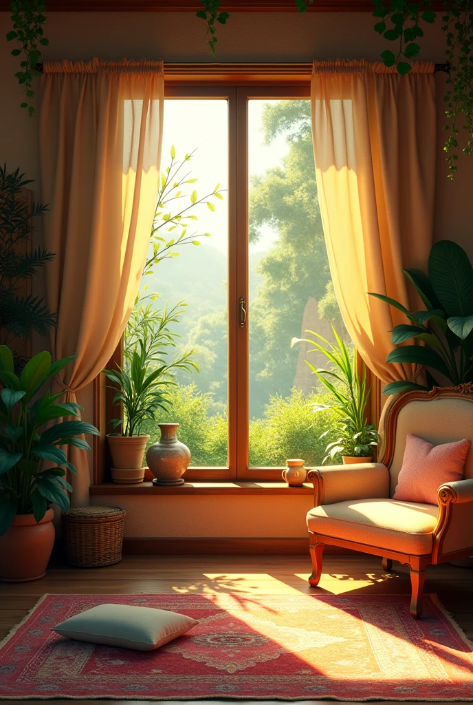 (photorealism:1.2), beautiful Usbekistan, outdoors, soft lighting, plants in background, window with sunlight, cozy room, realistic, intricate details, warm colors, by Greg Rutkowski, by Alphonse Mucha