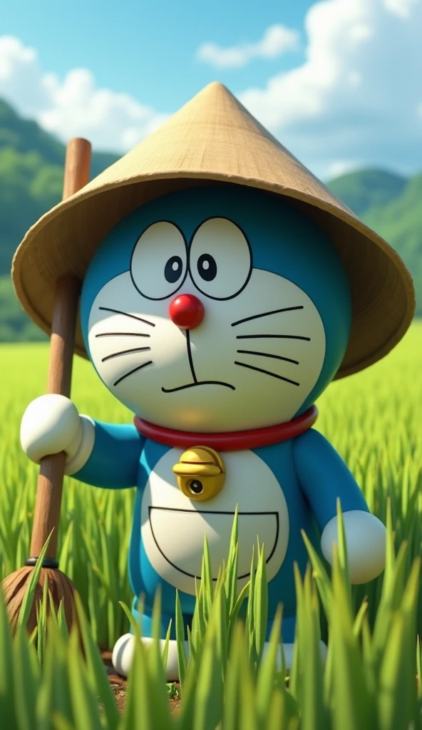 Doraemon works as a farmer harvesting rice.,Doraemon's face was sweating a lot, he was very tired wearing a conical hat. 