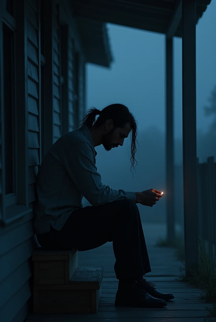 The silhouette of a man sitting on the porch of the house,sad atmosphere,A cigarette slipped in his hand,The heavy burden of life,the night,Long hair is tied up