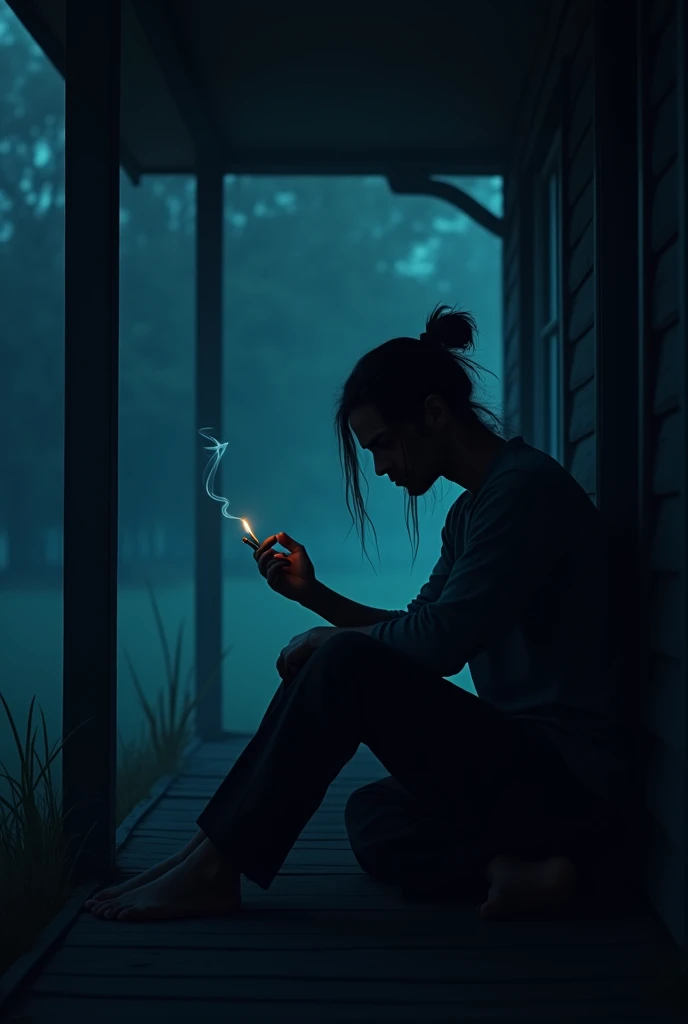 The silhouette of a man sitting on the porch of the house,sad atmosphere,A cigarette slipped in his hand,The heavy burden of life,the night,Long hair is tied up