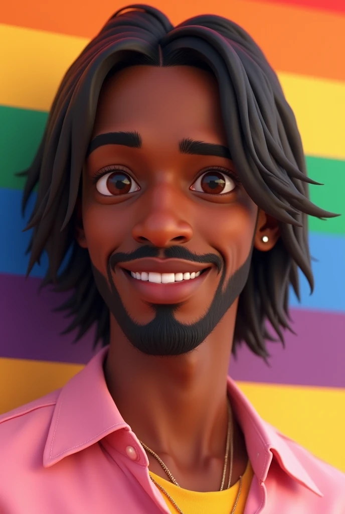 Pixar-style: young black man, straight black hair, with a mustache and goatee, wearing a pink blouse with an LGBT flag in the background