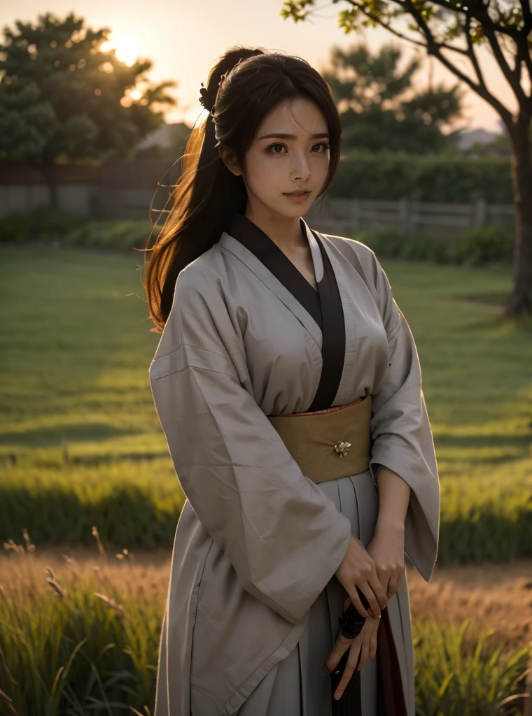 A lone samurai woman standing in a peaceful field at dusk, ready to draw her katana. She is wearing traditional samurai attire from the Sengoku period of Japan, consisting of a black and dark brown kimono-style robe with wide sleeves, tied with a dark obi around her waist. Her right hand is gripping the hilt of her katana, positioned near her waist as she prepares to draw it, while her left hand is steadying the sheath. Her posture is tense but focused, capturing the precise moment before action. Her hair is tied up in a traditional warrior style, and her face shows calm determination. The scene is set in a quiet field with tall grasses swaying gently in the wind, under the fading light of dusk. The color palette is soft and muted, with earthy tones for both the environment and her attire, and the background is simple, with birds flying in the distance."Additional Parameters:Style: Realistic, with a focus on action and tension in the poseLighting: Soft dusk lighting with warm, fading sunlight casting long shadowsColors: Dark black and brown tones for the attire, earthy and muted tones for the grass and skyComposition: The samurai woman centered, in a poised stance, with her katana halfway drawn, the quiet field around her creating a sense of serenity and focusEnvironment: Quiet field at dusk, soft wind moving the tall grass, birds flying in the distance