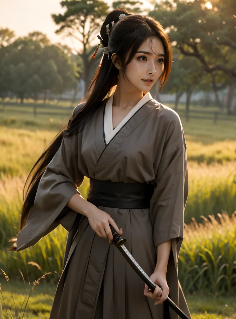 A lone samurai woman standing in a peaceful field at dusk, ready to draw her katana. She is wearing traditional samurai attire from the Sengoku period of Japan, consisting of a black and dark brown kimono-style robe with wide sleeves, tied with a dark obi around her waist. Her right hand is gripping the hilt of her katana, positioned near her waist as she prepares to draw it, while her left hand is steadying the sheath. Her posture is tense but focused, capturing the precise moment before action. Her hair is tied up in a traditional warrior style, and her face shows calm determination. The scene is set in a quiet field with tall grasses swaying gently in the wind, under the fading light of dusk. The color palette is soft and muted, with earthy tones for both the environment and her attire, and the background is simple, with birds flying in the distance."Additional Parameters:Style: Realistic, with a focus on action and tension in the poseLighting: Soft dusk lighting with warm, fading sunlight casting long shadowsColors: Dark black and brown tones for the attire, earthy and muted tones for the grass and skyComposition: The samurai woman centered, in a poised stance, with her katana halfway drawn, the quiet field around her creating a sense of serenity and focusEnvironment: Quiet field at dusk, soft wind moving the tall grass, birds flying in the distance