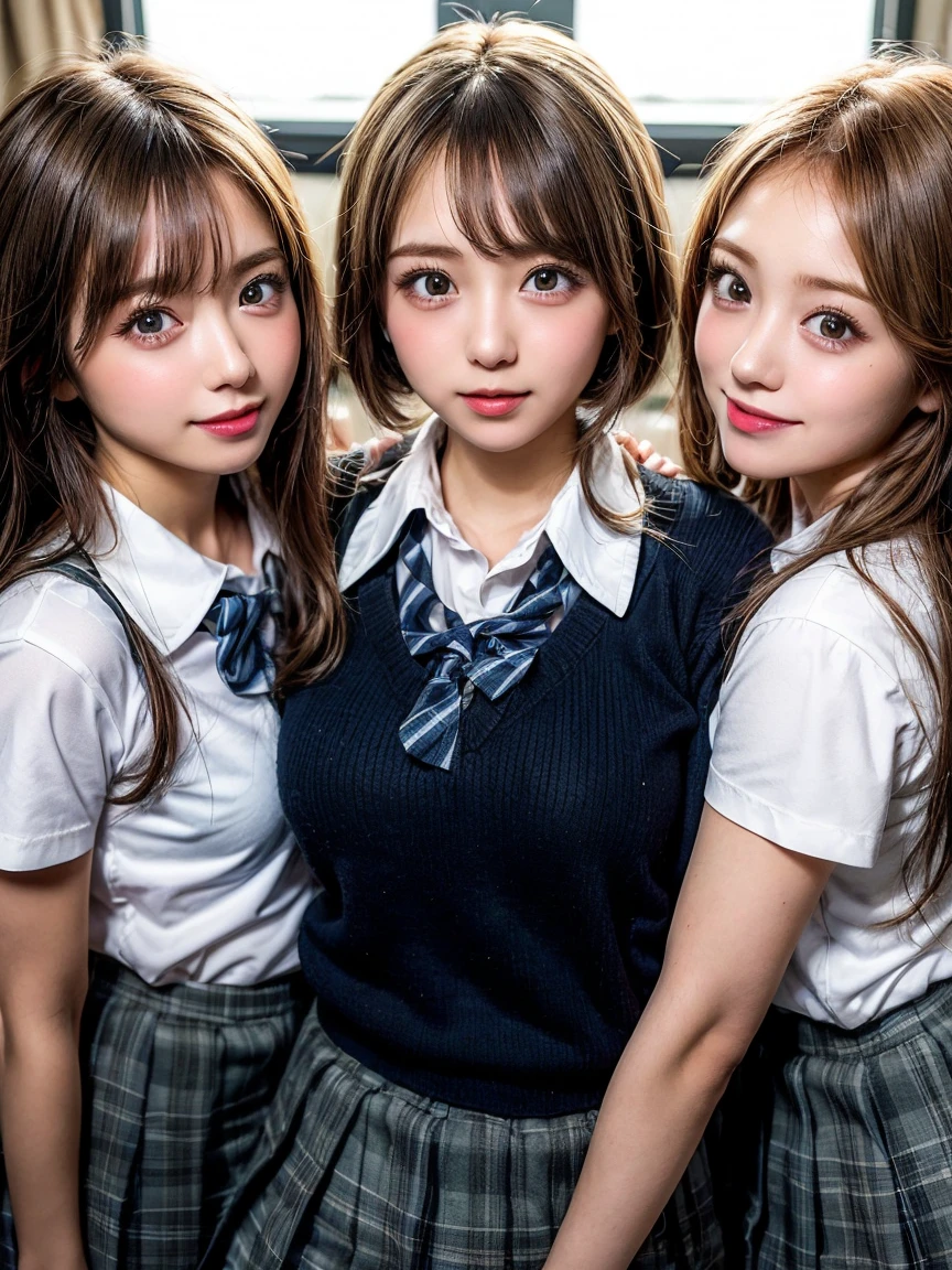 Browsing Caution, ((masterpiece)), ((Highest quality)), (Very detailedな), ((cute)), cute, (Multi-point), ((sexy)), (device), ((Very detailed)), 4K, (8k), Highest quality, (beautiful), hyper cute face, shape, Anime Style,hyper Genuineistic, Genuine, Dynamic Angle, ((whole body)), close, Thick outline, Clear contours, (Three Girls, 3 cute girls:1.5), (Schoolgirl Uniform :1.5), beautiful light brown hair, beautiful brown eyes, ((beautiful eyes)), (Under the skirt:1.5), short hair, Big Tits,Big cleavage、Shoulders stick out、Six-pack、smile、Bedroom、bed