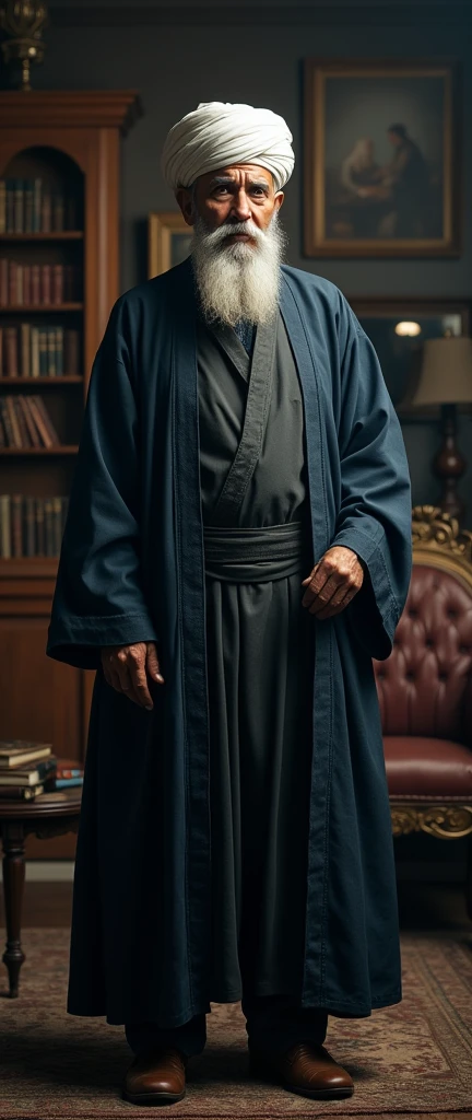 A 50-year-old scholar with a short white mustache and beard, wearing a white turban and a long dark blue robe. He is wearing sandals, standing in a vintage living room setting. The scene is detailed with dramatic, cinematic lighting, hyper-detailed textures, and ultra-sharp clarity. The image is presented in 8k resolution and UHD quality.