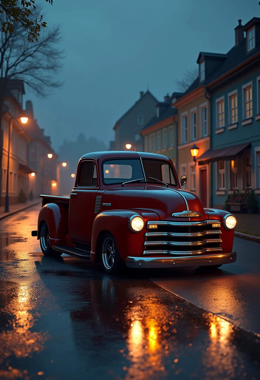 a highly detailed photorealistic old american tuned pickup truck, dramatic lighting, norwegian nature, wet pavement reflections, cinematic atmosphere, dark night street, extreme detail, 8k, HDR, photorealistic, physically-based rendering, professional, vibrant colors, volumetric lighting