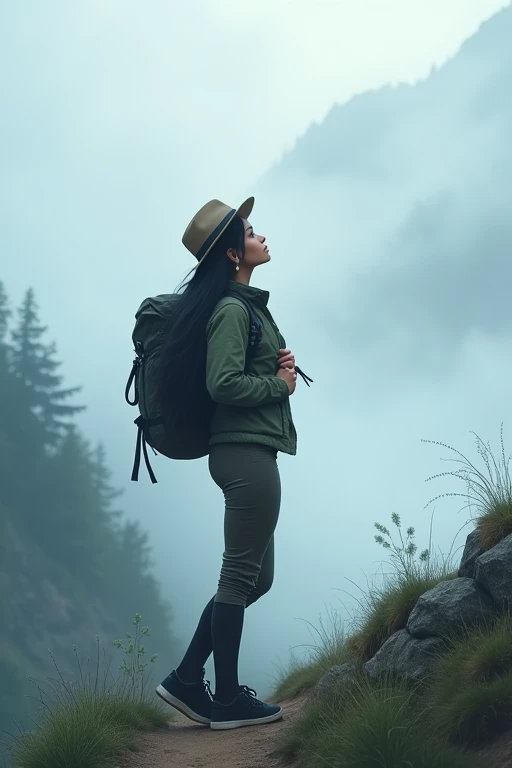score 9,score 8 up,score 7 up,From front,masterpiece,HDR,illustration,Anime,bokeh,1 girl,black hair,big breasts,earring,jacket,long pants,safari hat,backpack,She looks up,She grabs the shoulder straps of her backpack,White thick fog,The whole area is covered with white fog,morning mist,mountain trail