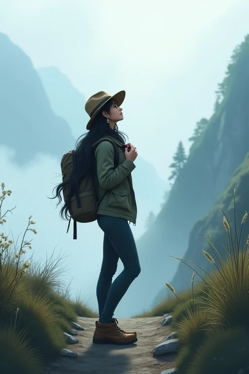score 9,score 8 up,score 7 up,From front,masterpiece,HDR,illustration,Anime,bokeh,1 girl,black hair,big breasts,earring,jacket,long pants,safari hat,backpack,She looks up,She grabs the shoulder straps of her backpack,White thick fog,The whole area is covered with white fog,morning mist,mountain trail
