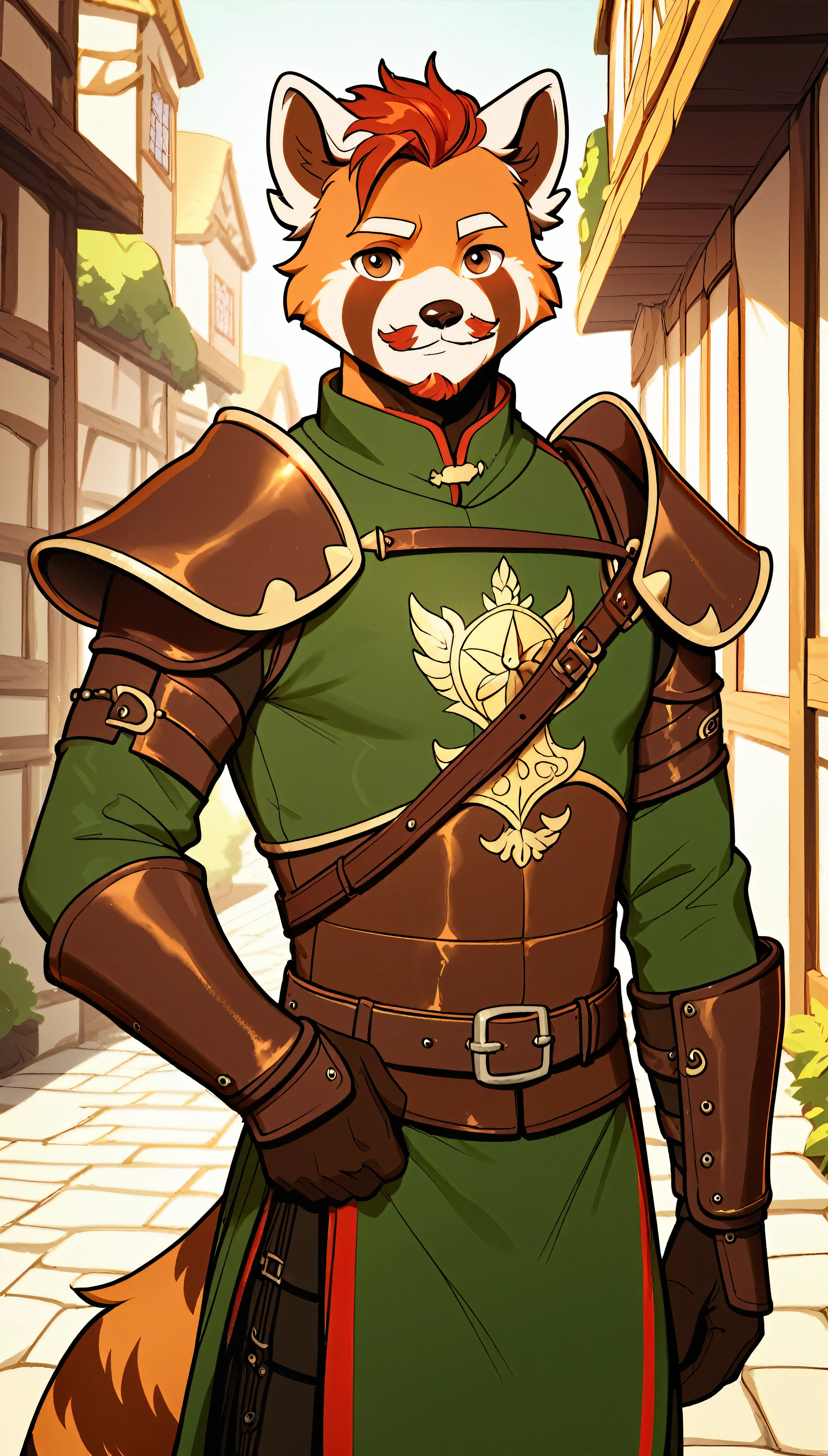 ((best quality)) Solo, score_9,score_8_up,score_7_up, score_6_up, score_5_up, score_4_up, source_furry, Antro furry male Red Panda, Strong body male, has 50 years old, Medium length beard, short mustache, medium straight red hair and brown eyes. He standing in a fantasy small village. Dressed in a medieval medium armor outfit made of bronze, in color of dark green and brown, shoulder pads dressed and leather tunic, full outfit, looking at you, Safe content,