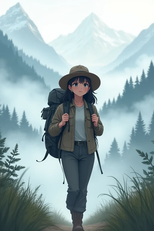 score 9,score 8 up,score 7 up,From front,masterpiece,HDR,illustration,Anime,bokeh,1 girl,black hair,big breasts,earring,jacket,long pants,safari hat,backpack,She looks up,She grabs the shoulder straps of her backpack,White thick fog,The whole area is covered with white fog,morning mist,mountain trail