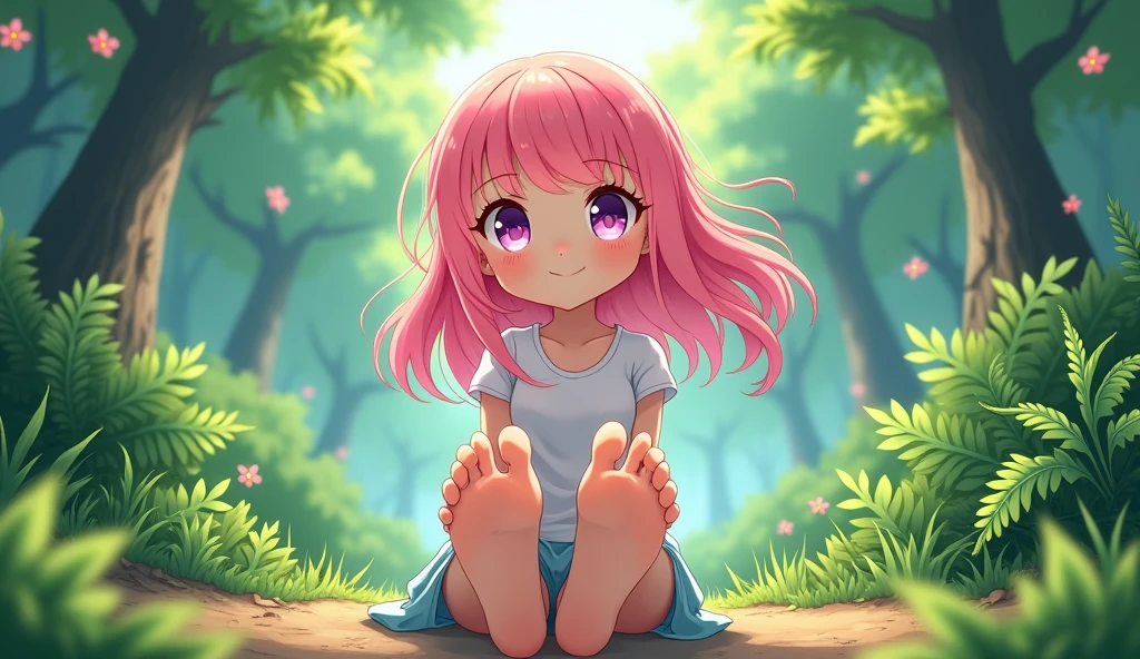 Anime style, Full body portrait, Cute girl, pink hair, body, barefoot, foot close up, perfect detail, nature Forrest background, natural lighting,