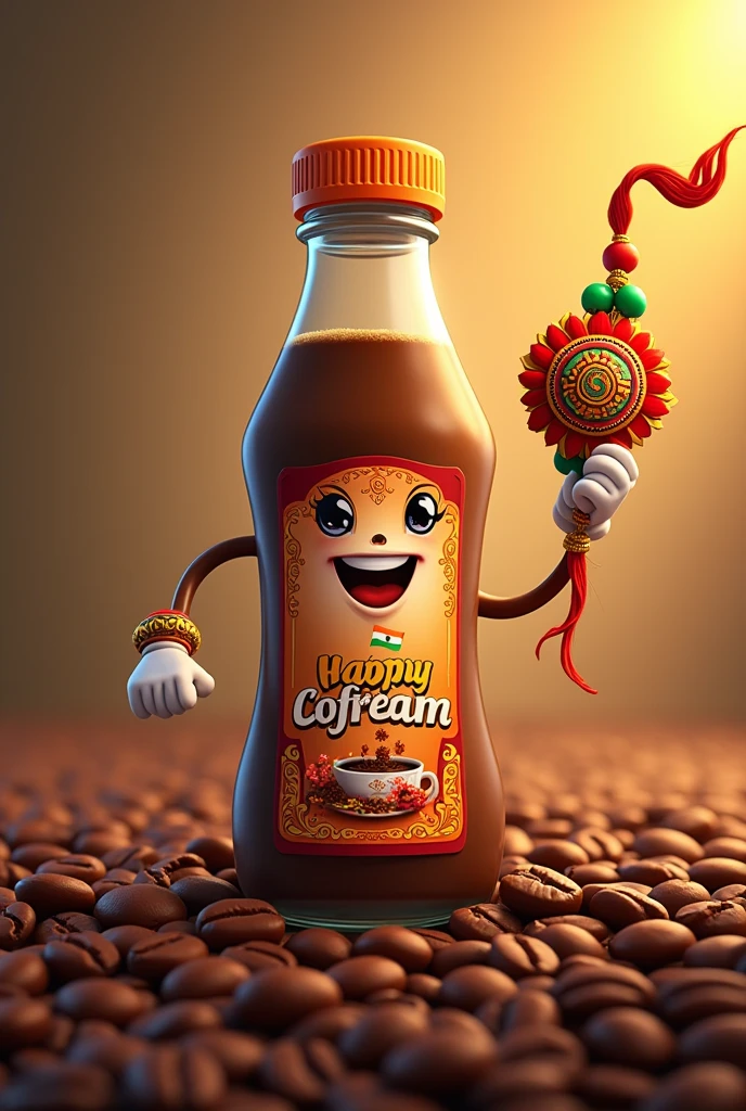 A coffee bottle named Tsunami holding a rakhi on rakshabandhan At cooffee beans