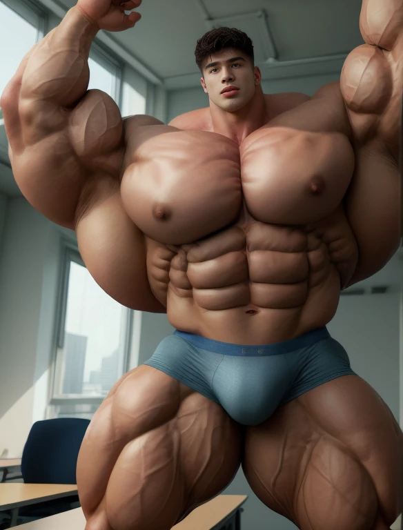 1boy, giant, asian, solo, giant bodybuilder, illuminating light, strong body, bulk, large size, standing, armpits, in office room by the windows, indoor, nude, blue triangular underwear with enormous bulge, extraordinary big, brutalmass, giant muscular body, bulk, buff, massive body, large meaty body size, extremely wide body, tallest body