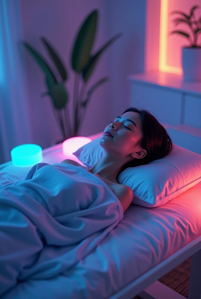 student lying on stretcher, receiving color therapy