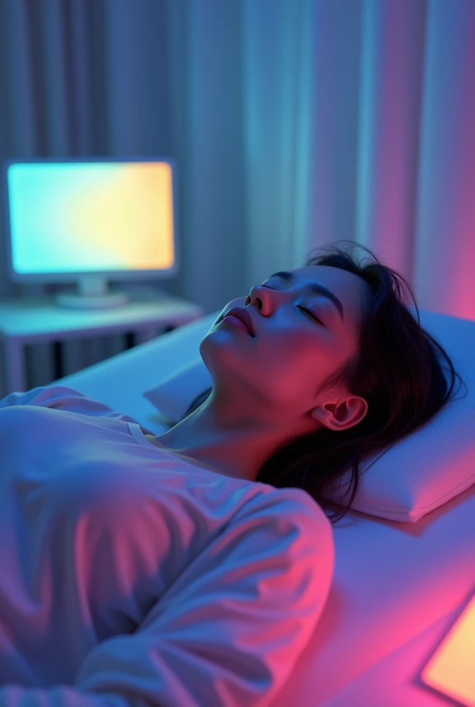 student lying on stretcher, receiving color therapy