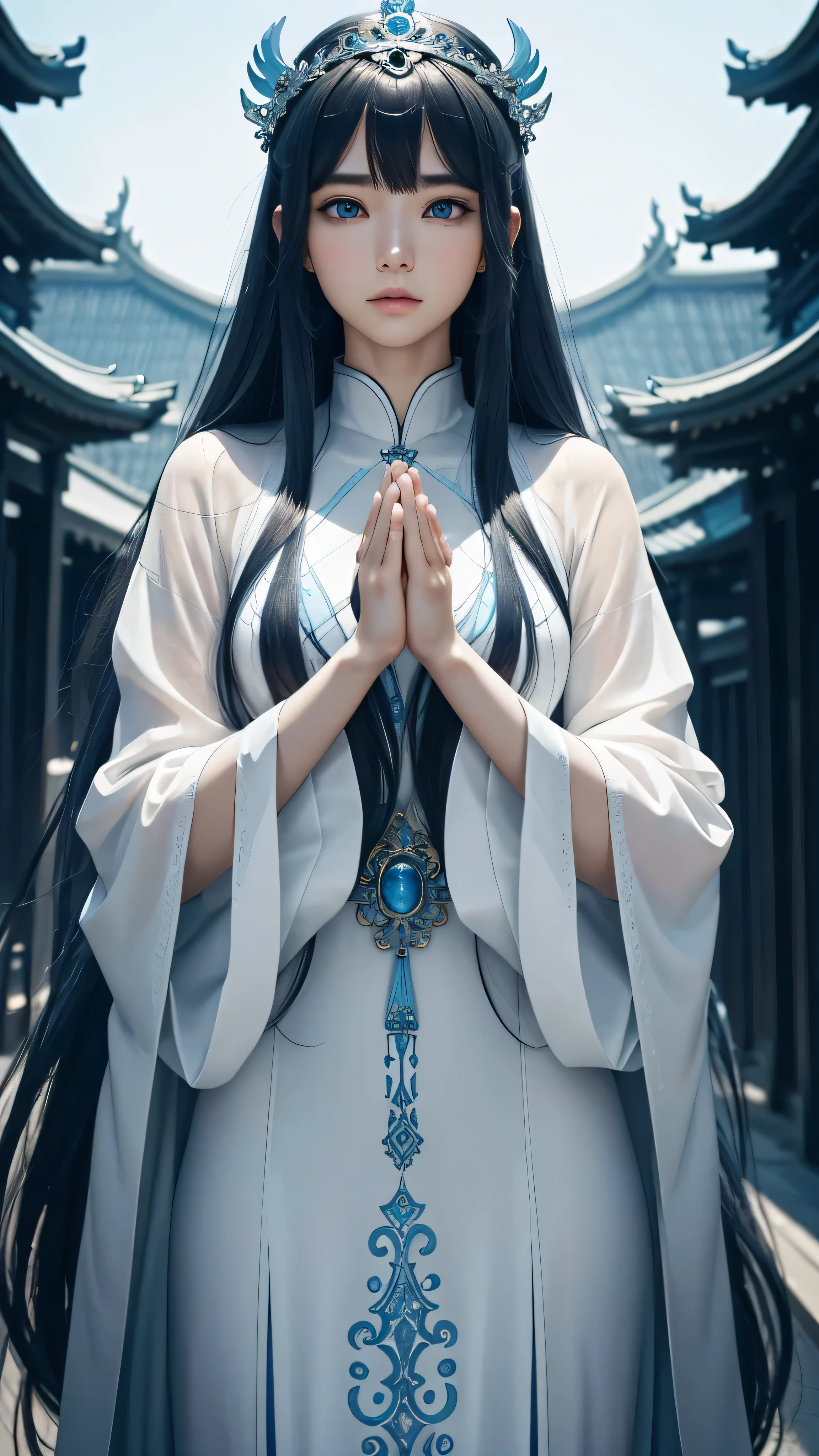 8K、Ultra HD、anime、(A very beautiful female character with beautiful features)、((Beautiful clear blue eyes))、(((The upper body is facing forward, looking at the camera)))、Beautiful long hair、Messy bangs、(((Beautiful depiction of the upper body)))、(A depiction of beautifully formed human limbs)、(((Beautiful long thin fingers)))、(((Prayer Pose)))、((Wearing mysterious clothes that shine pale blue))、((Goddess temple background))、(((I'm directing my gaze here)))、