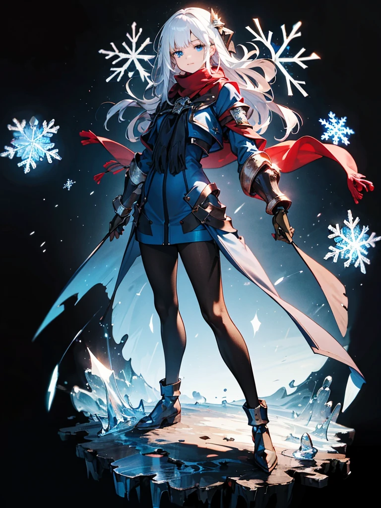 Black background with spotlight, Snowflakes flutter,Wearing a red scarf, White jacket,Medium hair, Blue and white hair,blue eyes,（mechanized hand++, Unusually huge gauntlet++）