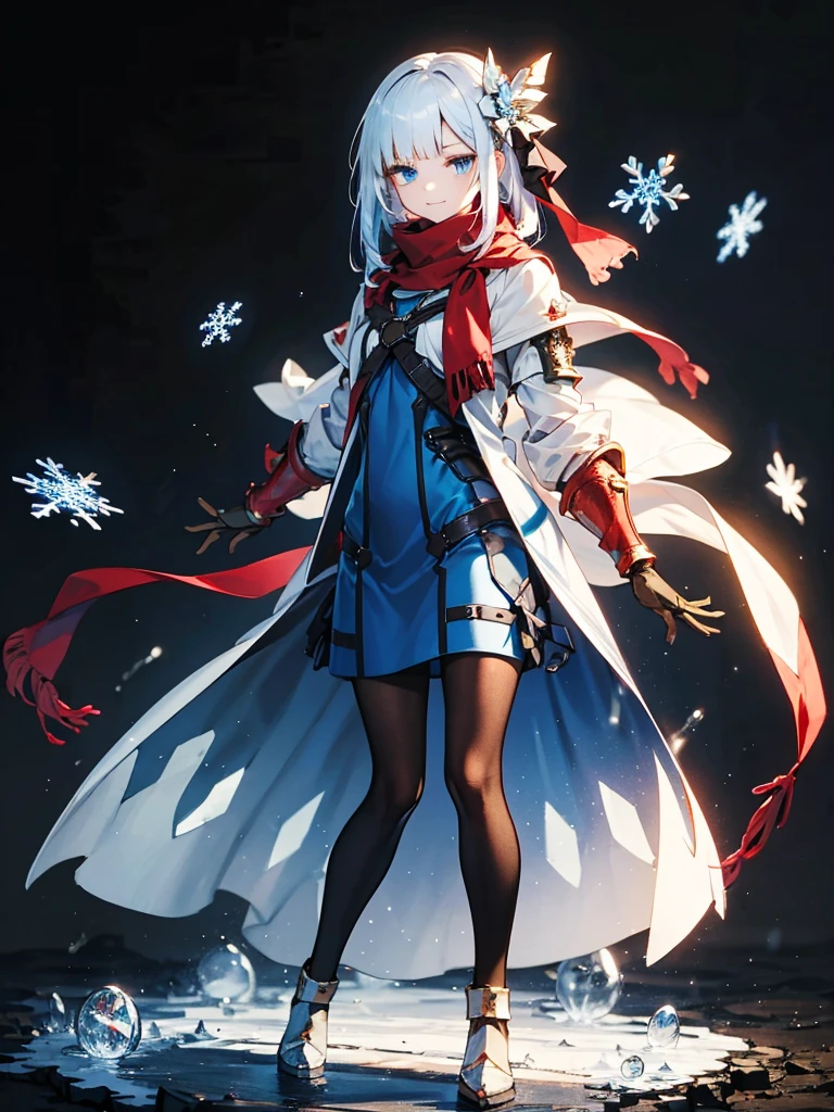 Black background with spotlight, Snowflakes flutter,Wearing a red scarf, White jacket,Medium hair, Blue and white hair,blue eyes,(mechanized hand++, Unusually huge gauntlet++)