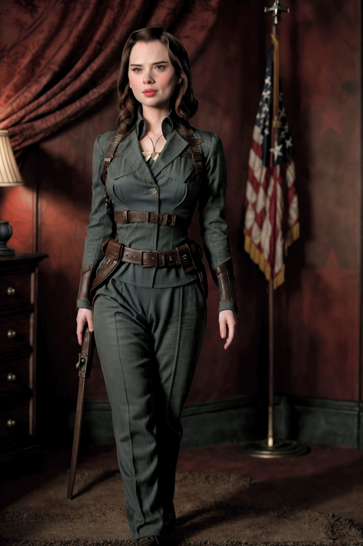 A full size view of (((Hayley Atwell as Peggy Carter))), ((naked)), showing her (unshaved natural cunt), smiling, with a sexy and very revealing uniforms, in the SHIELD HQ, during the Agent Carter TV show.